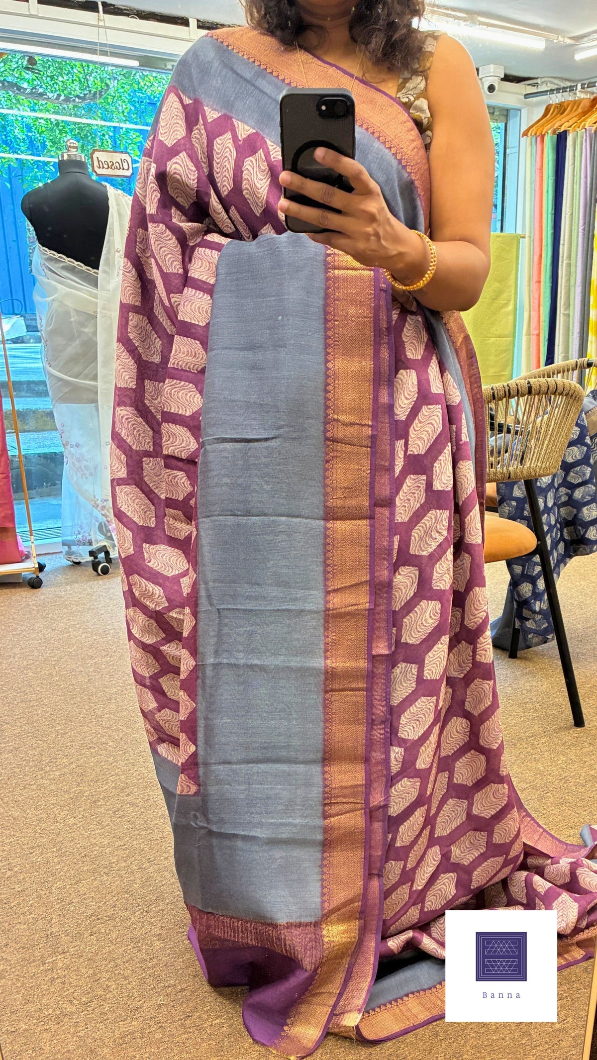 Pure moonga silk, hand block prints - Purple Maroon