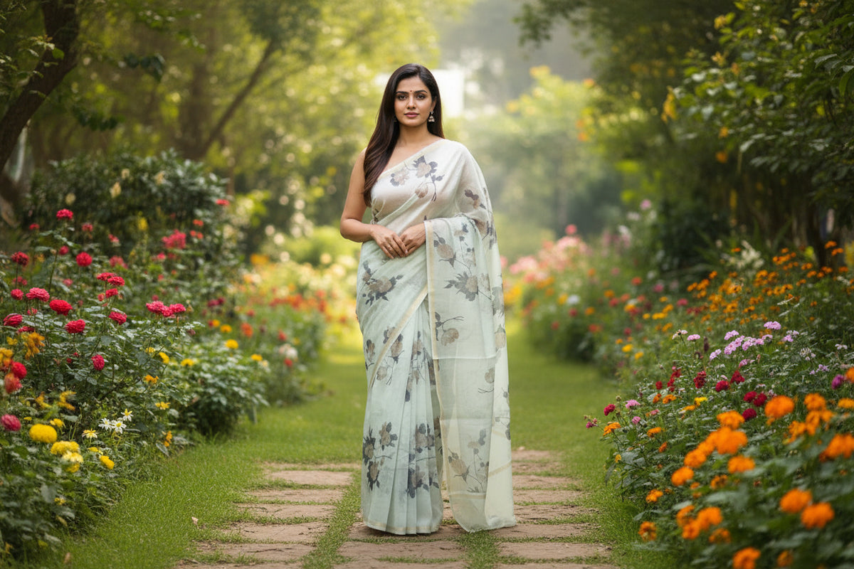 Work love, everyday saree in all new floral prints - Pastel Aqua green