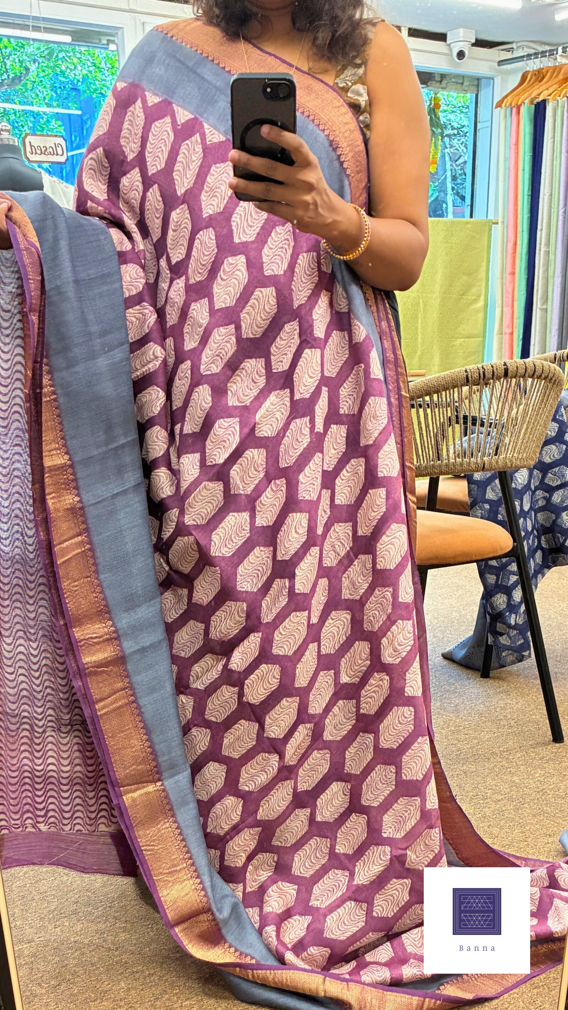 Pure moonga silk, hand block prints - Purple Maroon – Banna