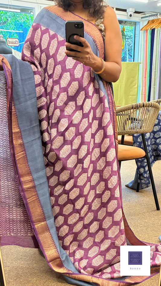 Pure moonga silk, hand block prints - Purple Maroon
