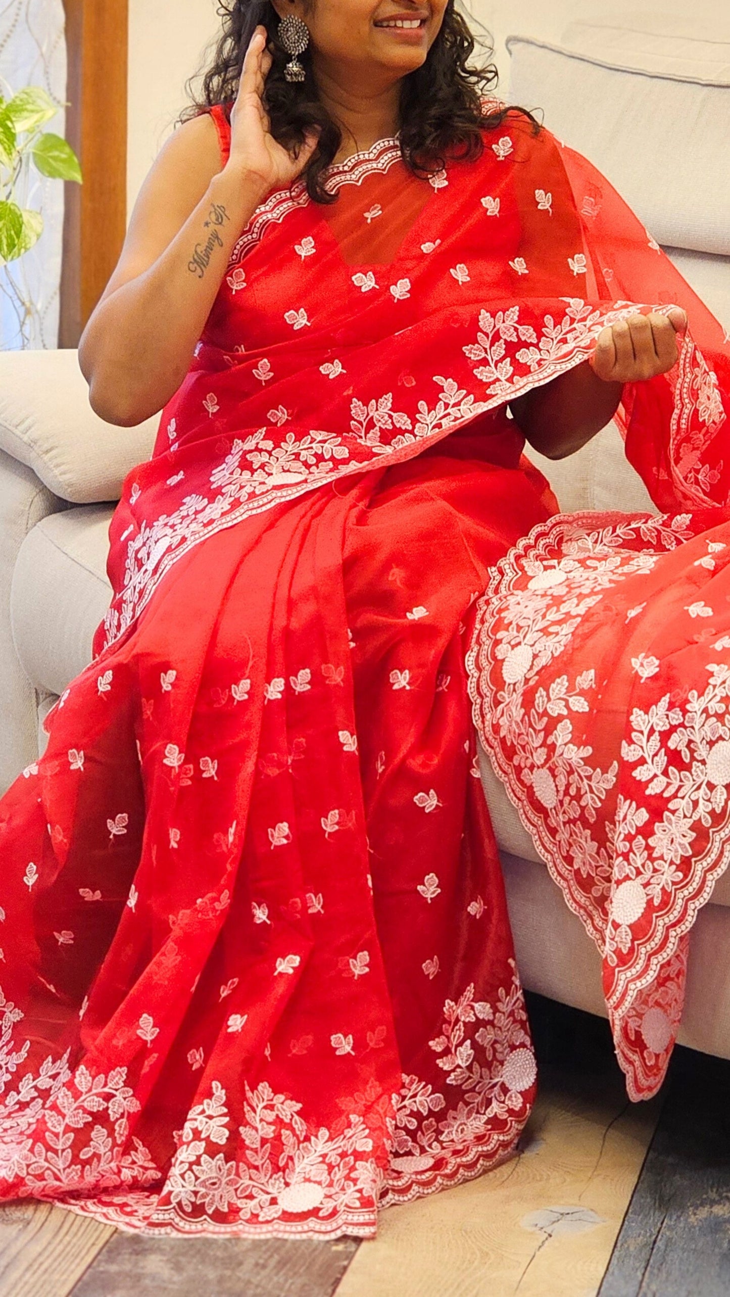 Red Rose Floral - Organza saree with Floral Embroidery