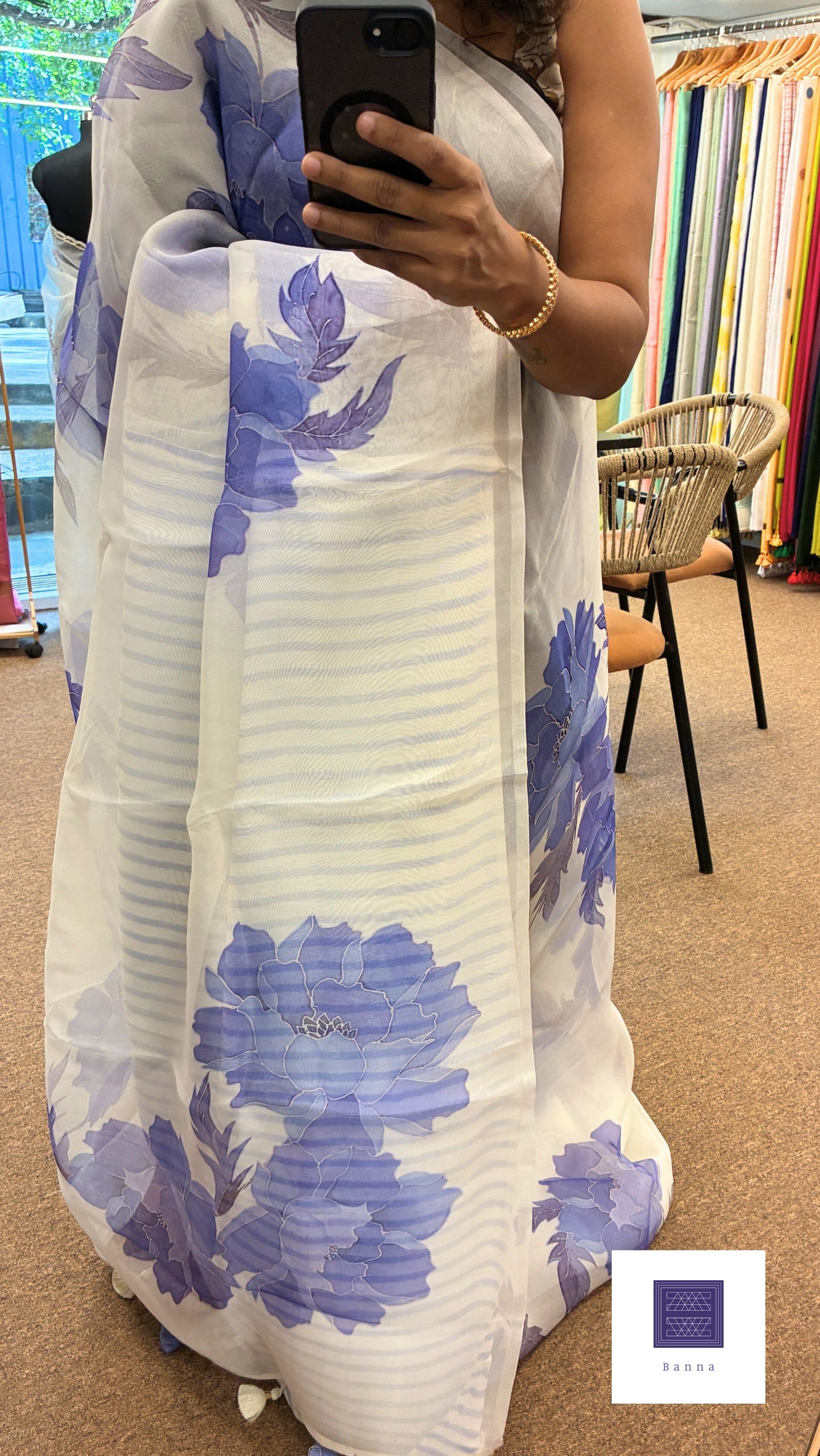 Pure Kora Silk with luxurious floral prints - White and Blue
