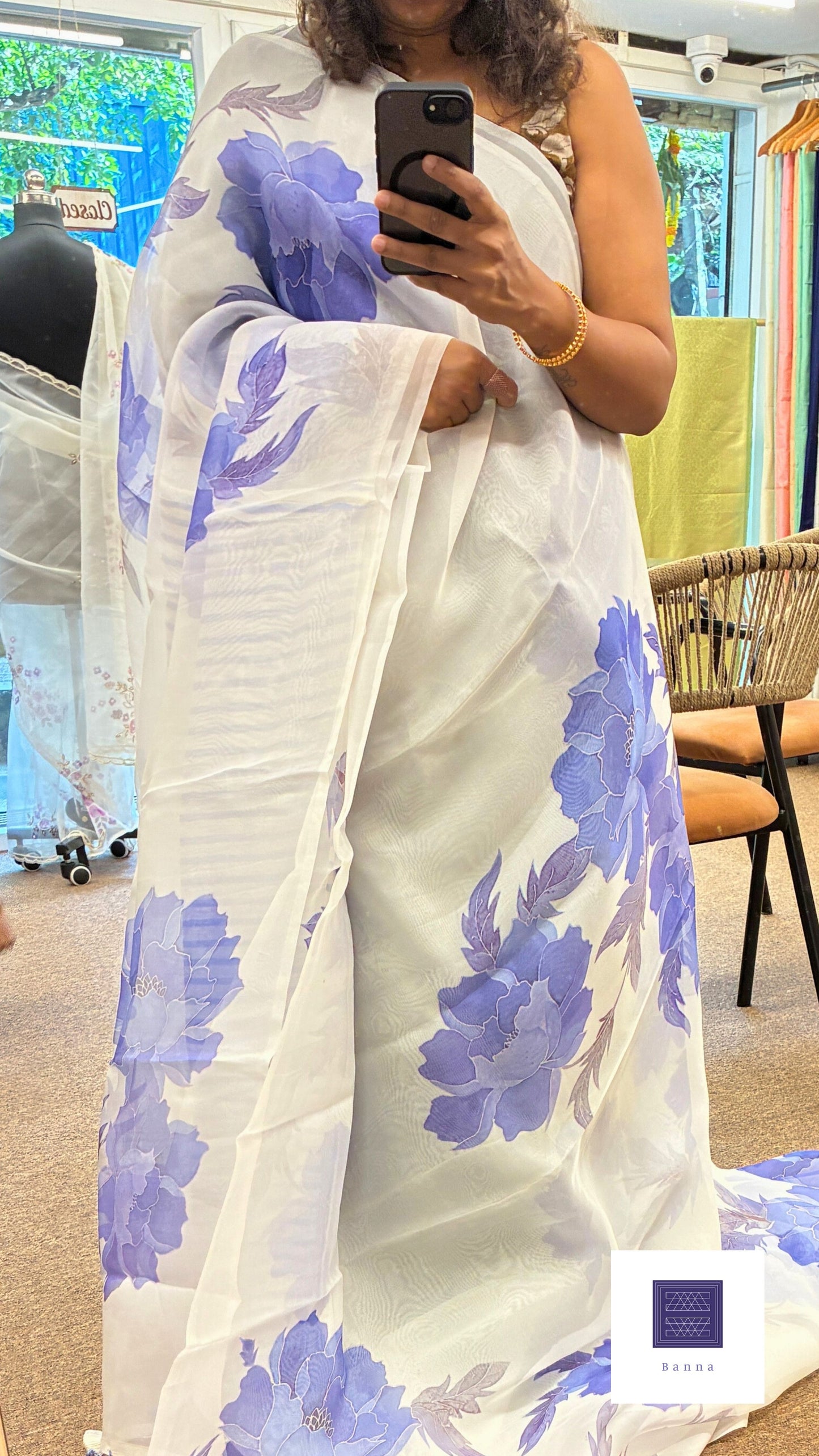 Pure Kora Silk with luxurious floral prints - White and Blue