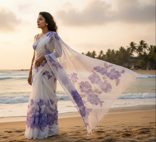 Pure Kora Silk with luxurious floral prints - White and Blue