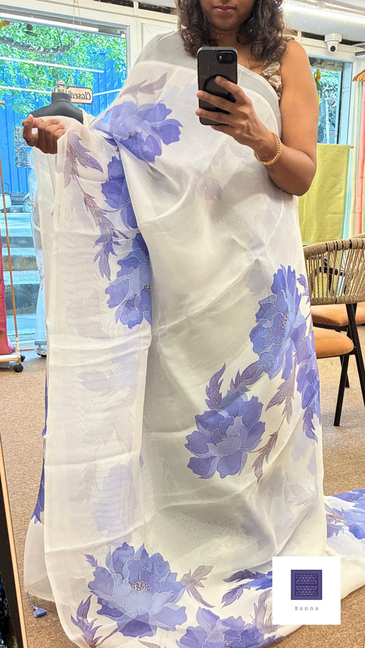 Pure Kora Silk with luxurious floral prints - White and Blue