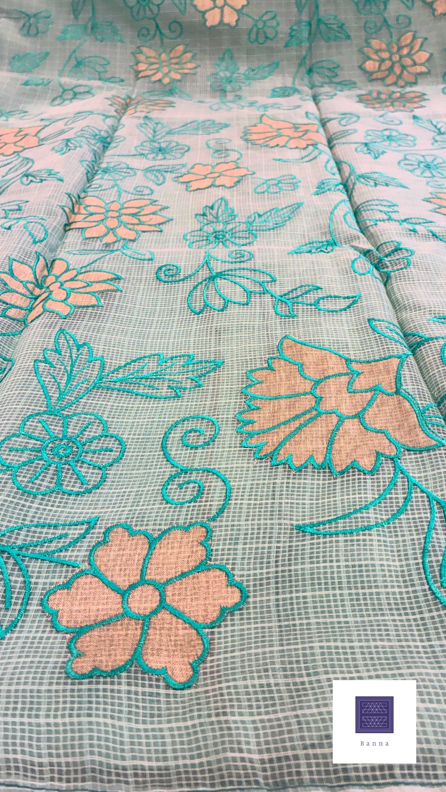 Kota cotton saree with floral embroidery and appliqué - Cyan
