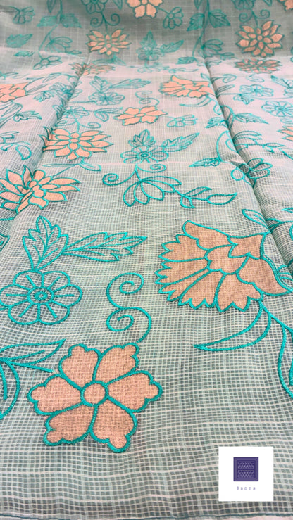 Kota cotton saree with floral embroidery and appliqué - Cyan