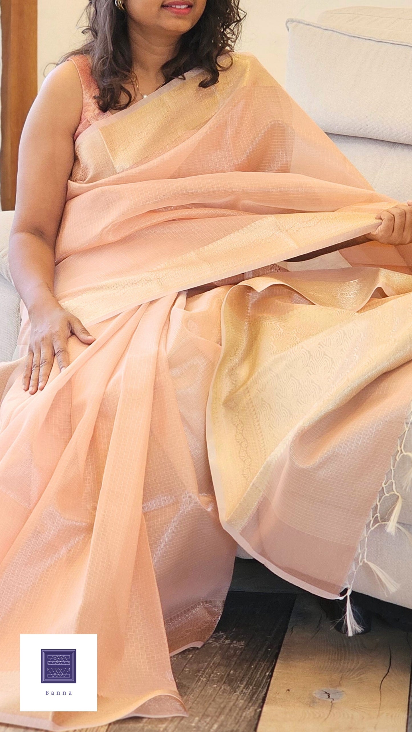Kota Tissue Saree with Banarasi Border - Peach