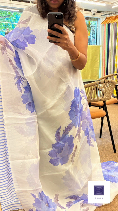Pure Kora Silk with luxurious floral prints - White and Blue