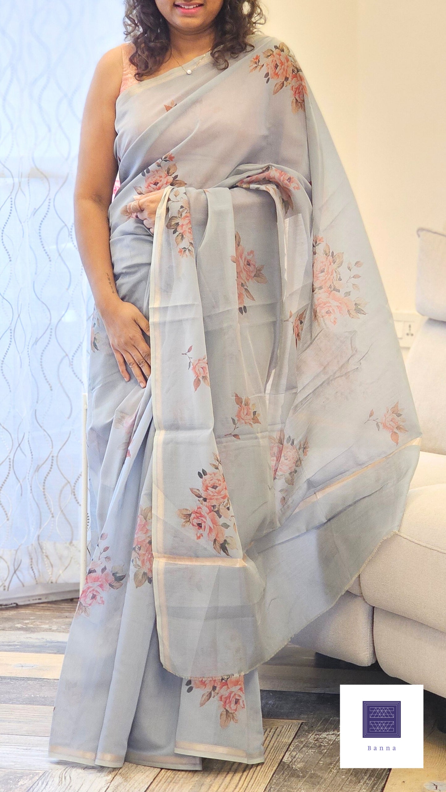 Work love, everyday saree in all new floral prints - Grey