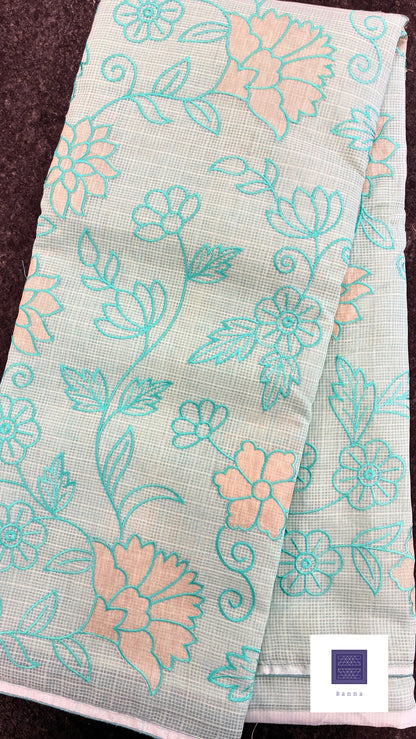 Kota cotton saree with floral embroidery and appliqué - Cyan