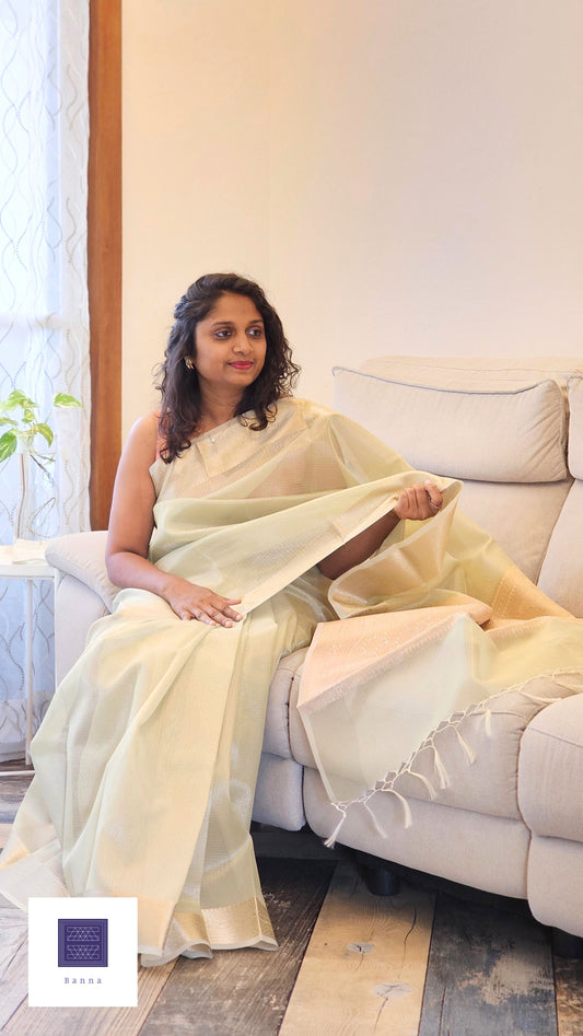Kota Tissue Saree with Banarasi Border - Pastel Green