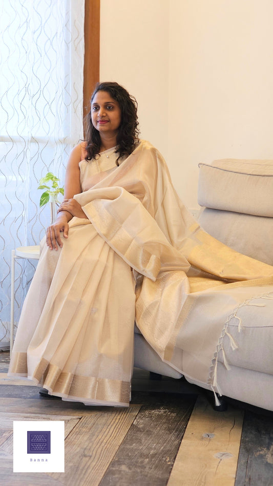 Kota Tissue Saree with Banarasi Border - Cream