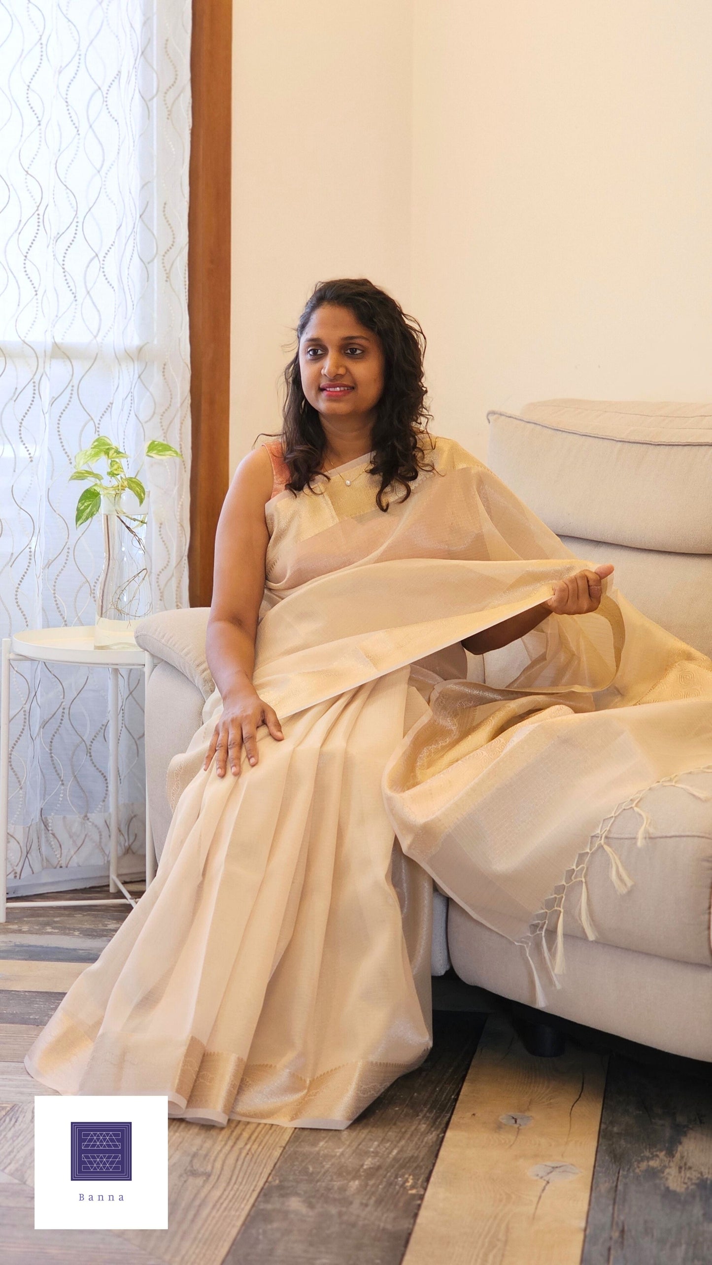Kota Tissue Saree with Banarasi Border - Cream