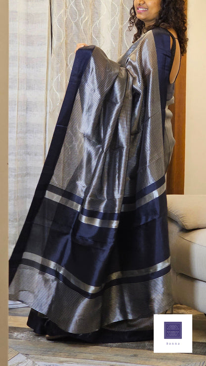 Pure Tissue Silk saree - Black and Silver Stripes