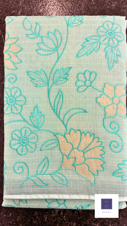Kota cotton saree with floral embroidery and appliqué - Cyan