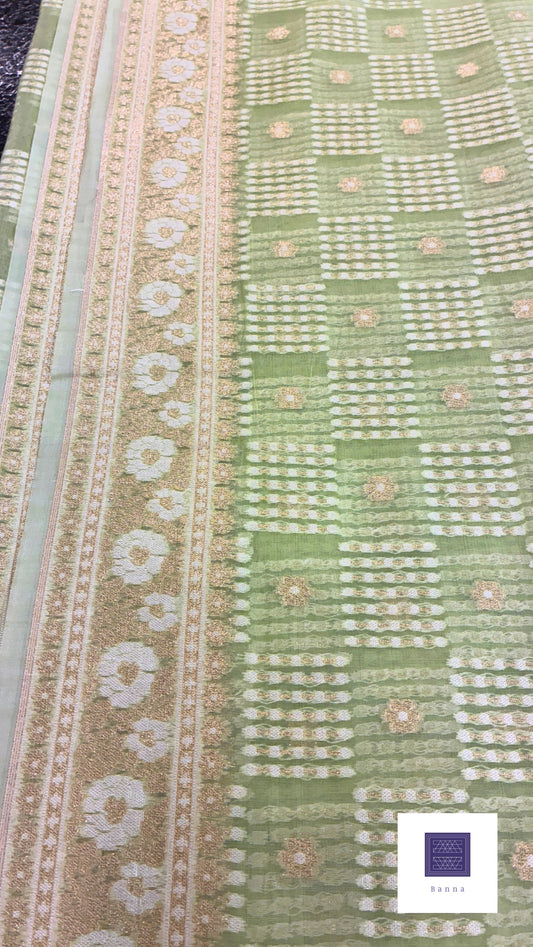 Handloom Jamdhani Cotton Saree - Pista Green