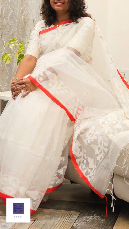 Pure Muslin Jamdhani Silk Saree - White