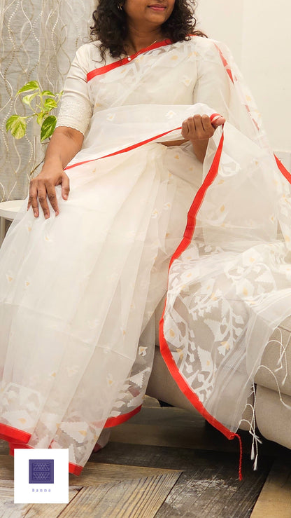 Pure Muslin Jamdhani Silk Saree - White