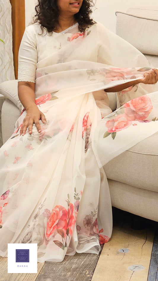 Pink and Cream Floral  - Banna's signature organza saree