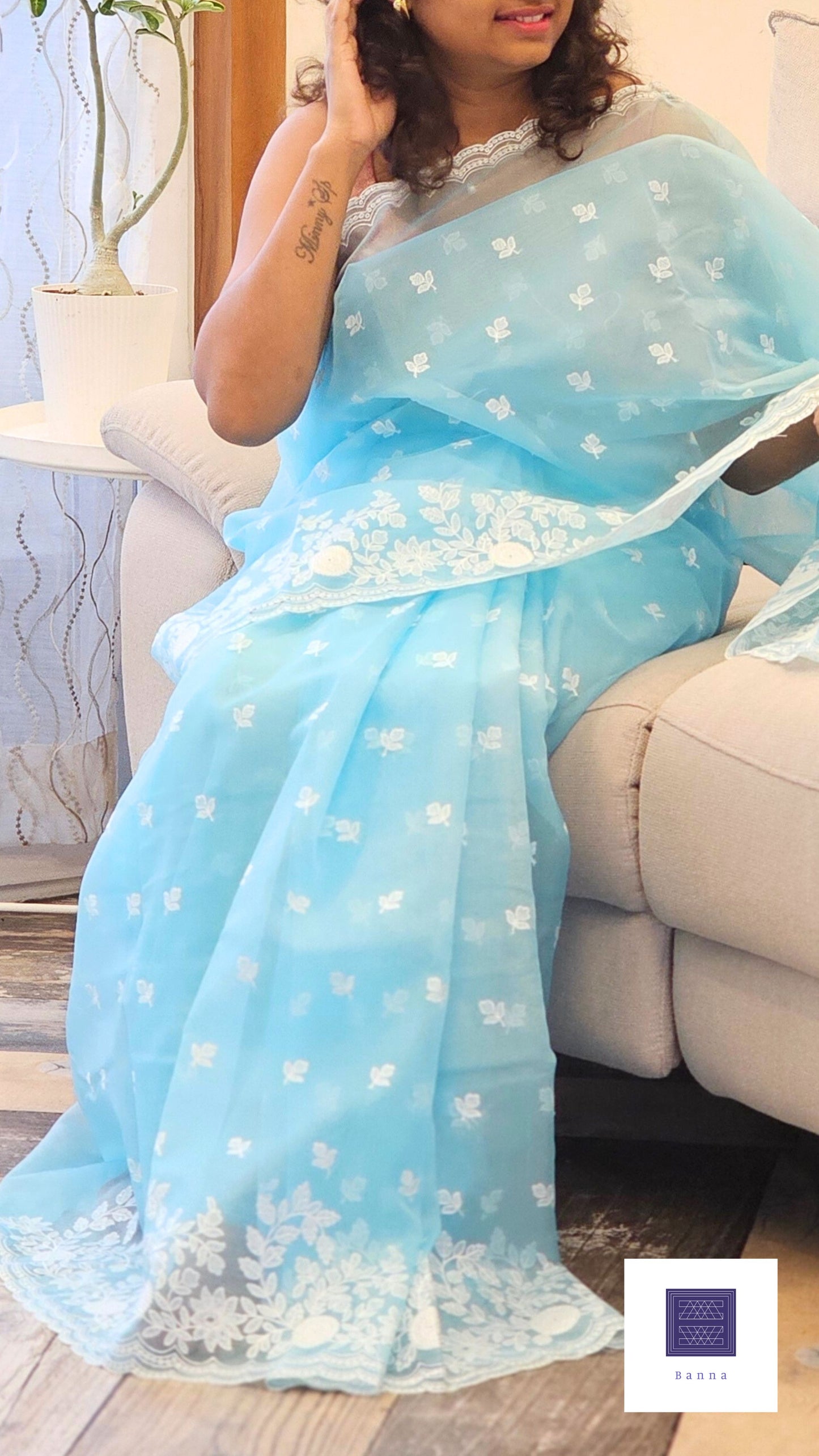 Blue Rose Floral - Organza saree with Floral Embroidery