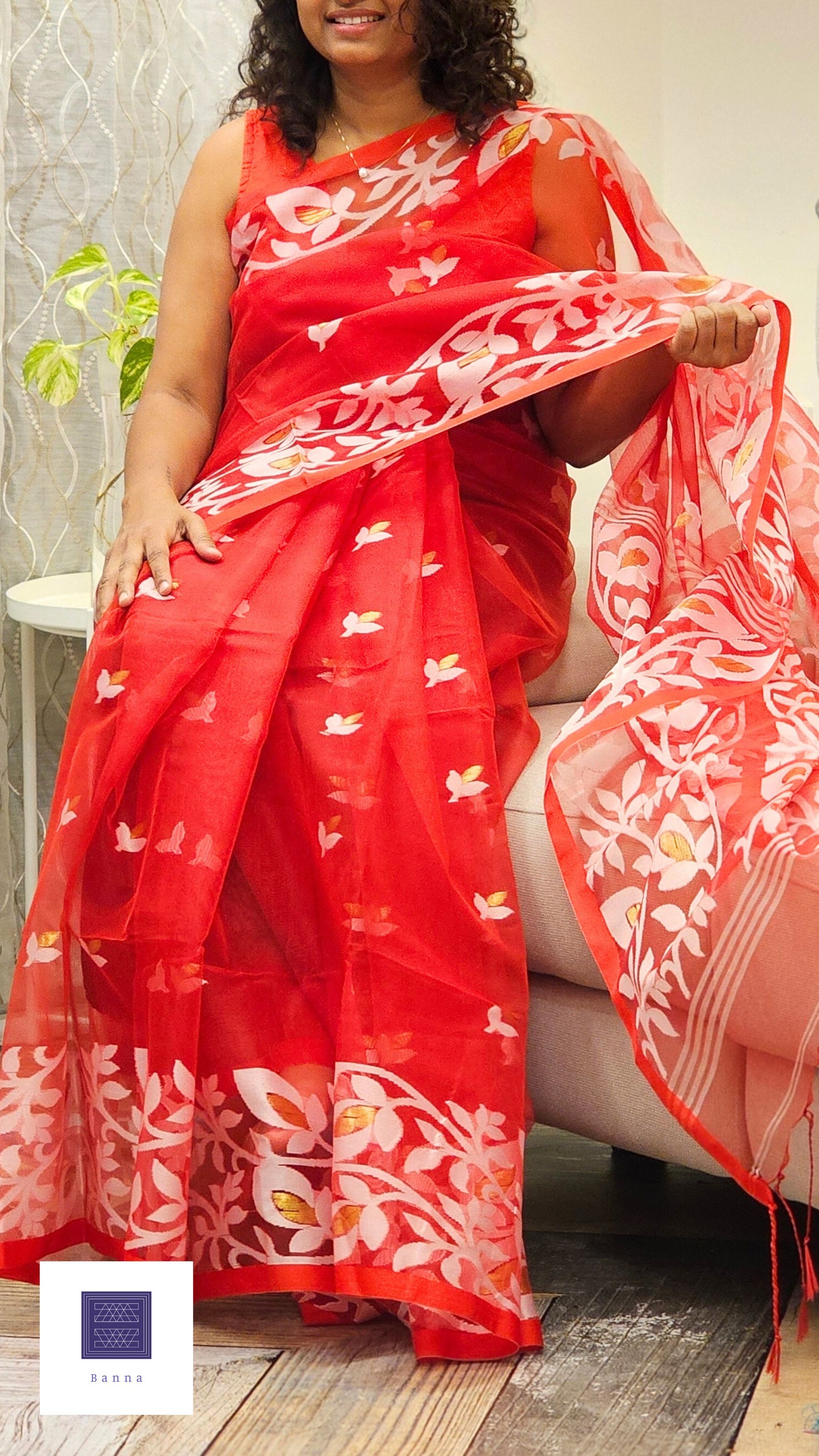 Pure Muslin Jamdhani Silk Saree - Red