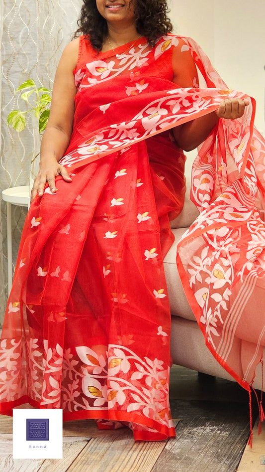 Pure Muslin Jamdhani Silk Saree - Red