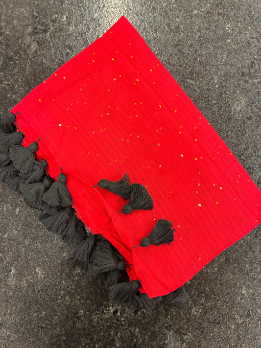 Soft Mul Cotton saree with embellishment - Red