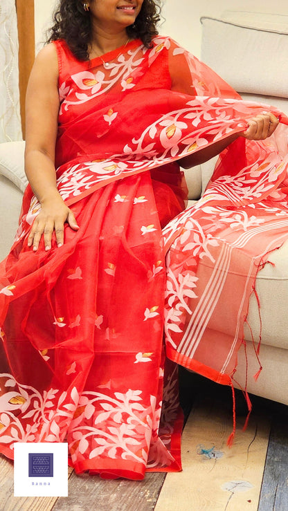 Pure Muslin Jamdhani Silk Saree - Red
