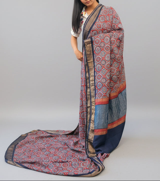 Pure Chiffon silk handblock prints - Navy blue and red