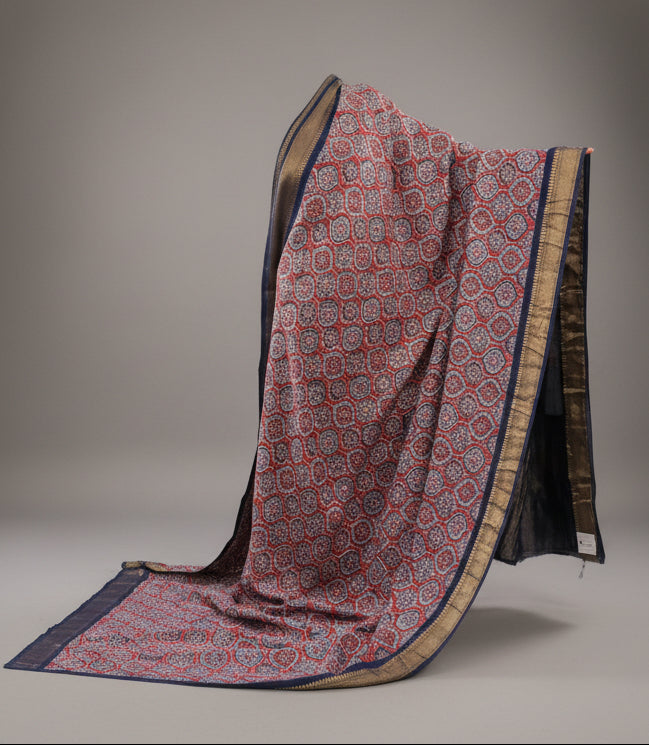 Pure Chiffon silk handblock prints - Navy blue and red
