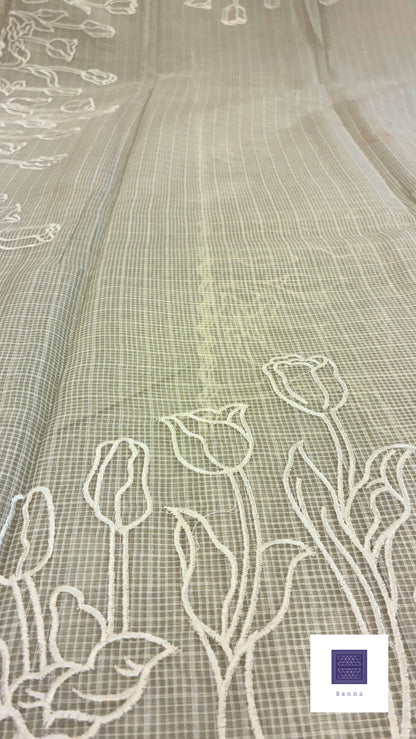 Kota cotton saree with embroidery - Cream
