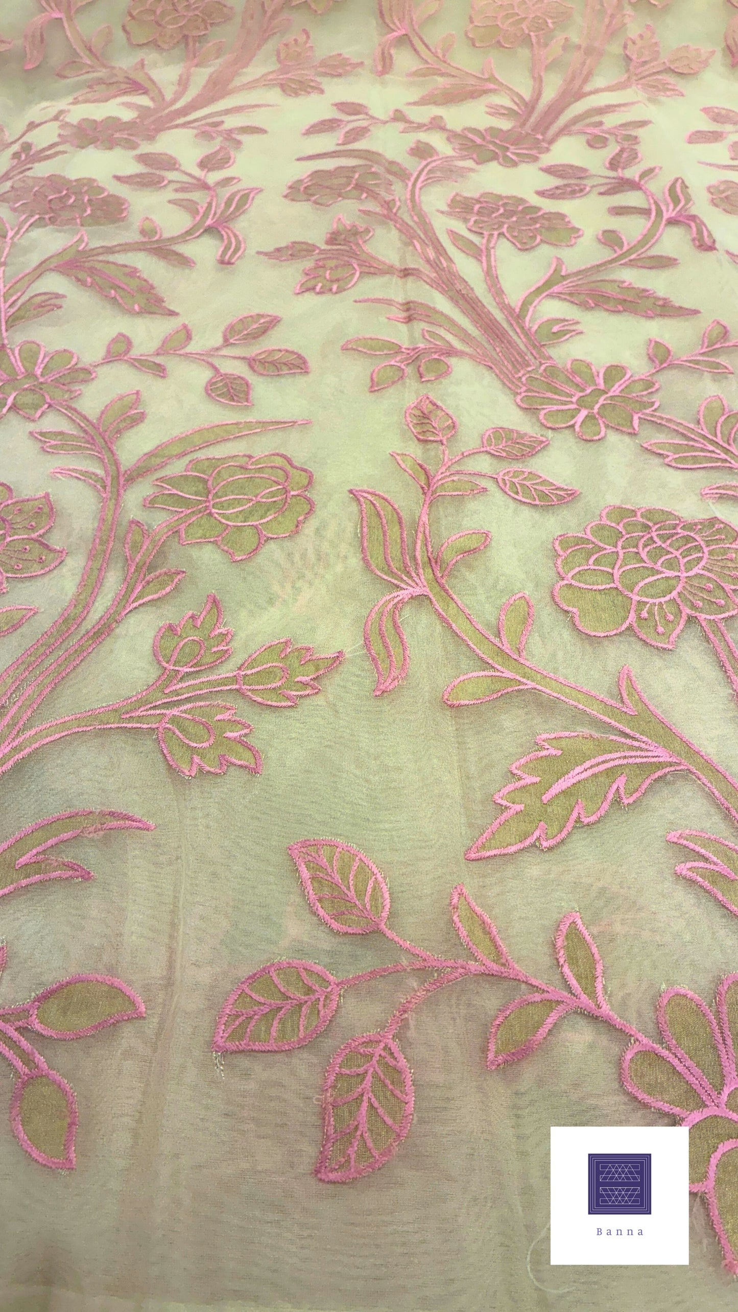 Organza Appliqué Floral Saree - Cream and Pink