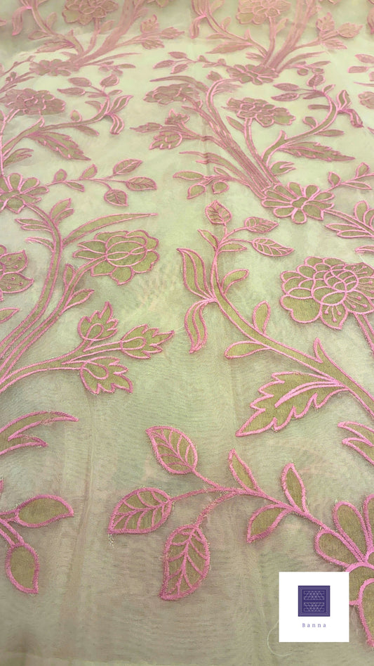Organza Appliqué Floral Saree - Cream and Pink