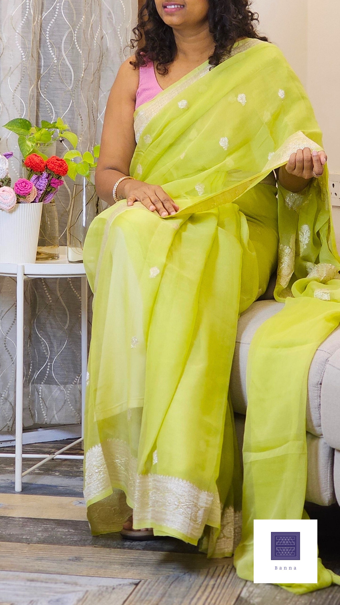 Pure Chiffon Silk saree - Rare Neon Green in Pastel
