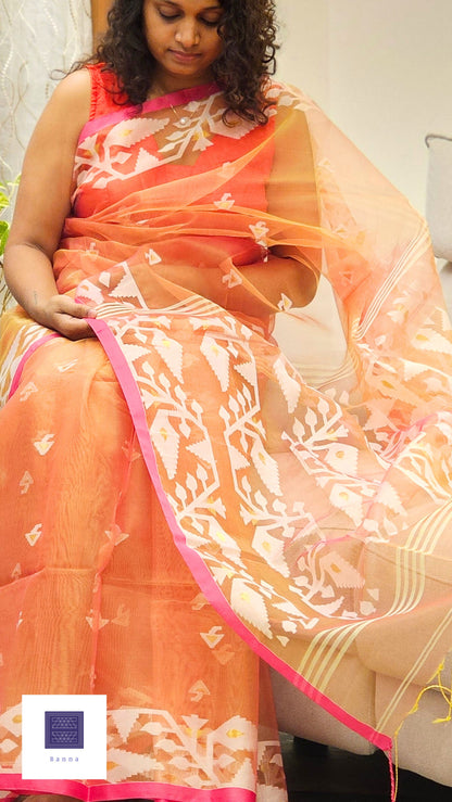 Pure Muslin Jamdhani Silk Saree - Orange and Pink