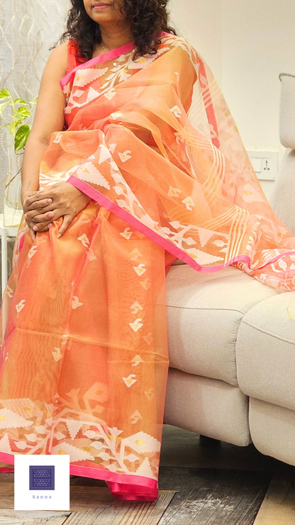 Pure Muslin Jamdhani Silk Saree - Orange and Pink