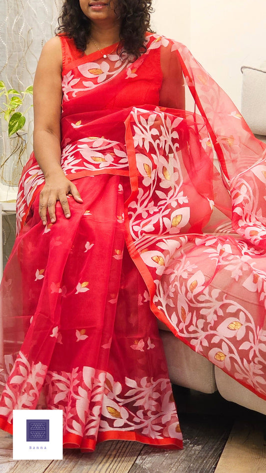 Pure Muslin Jamdhani Silk Saree - Dark Rani Pink