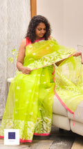 Pure Muslin Jamdhani Silk Saree - Parrot Green