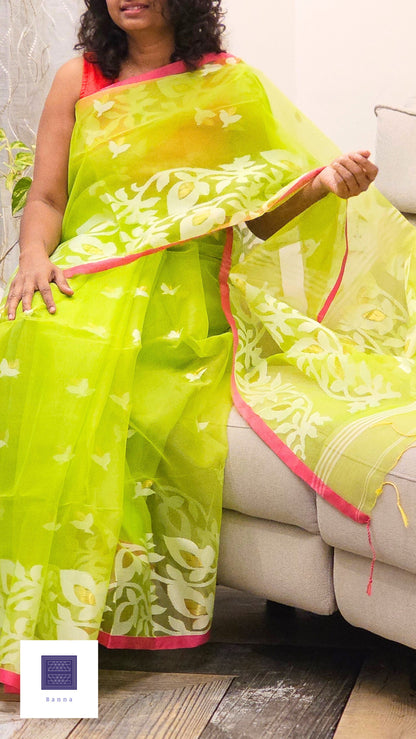Pure Muslin Jamdhani Silk Saree - Parrot Green