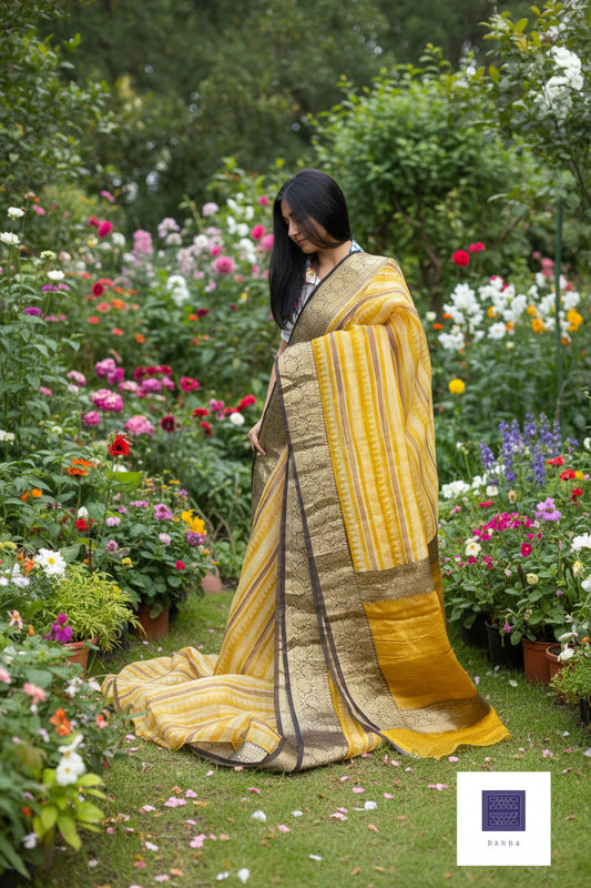 Pure Organza Silk Saree handblock prints - Yellow