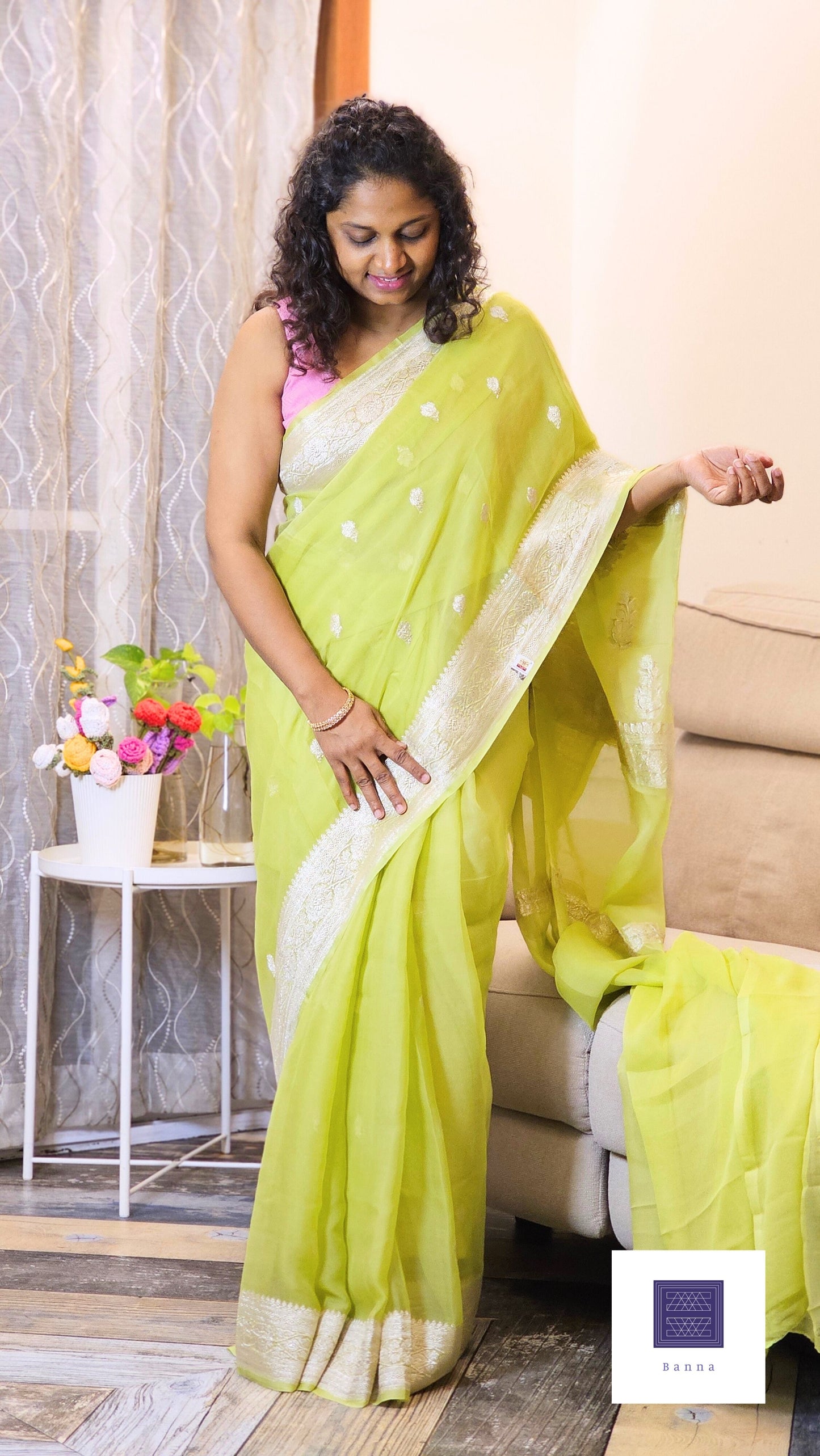 Pure Chiffon Silk saree - Rare Neon Green in Pastel