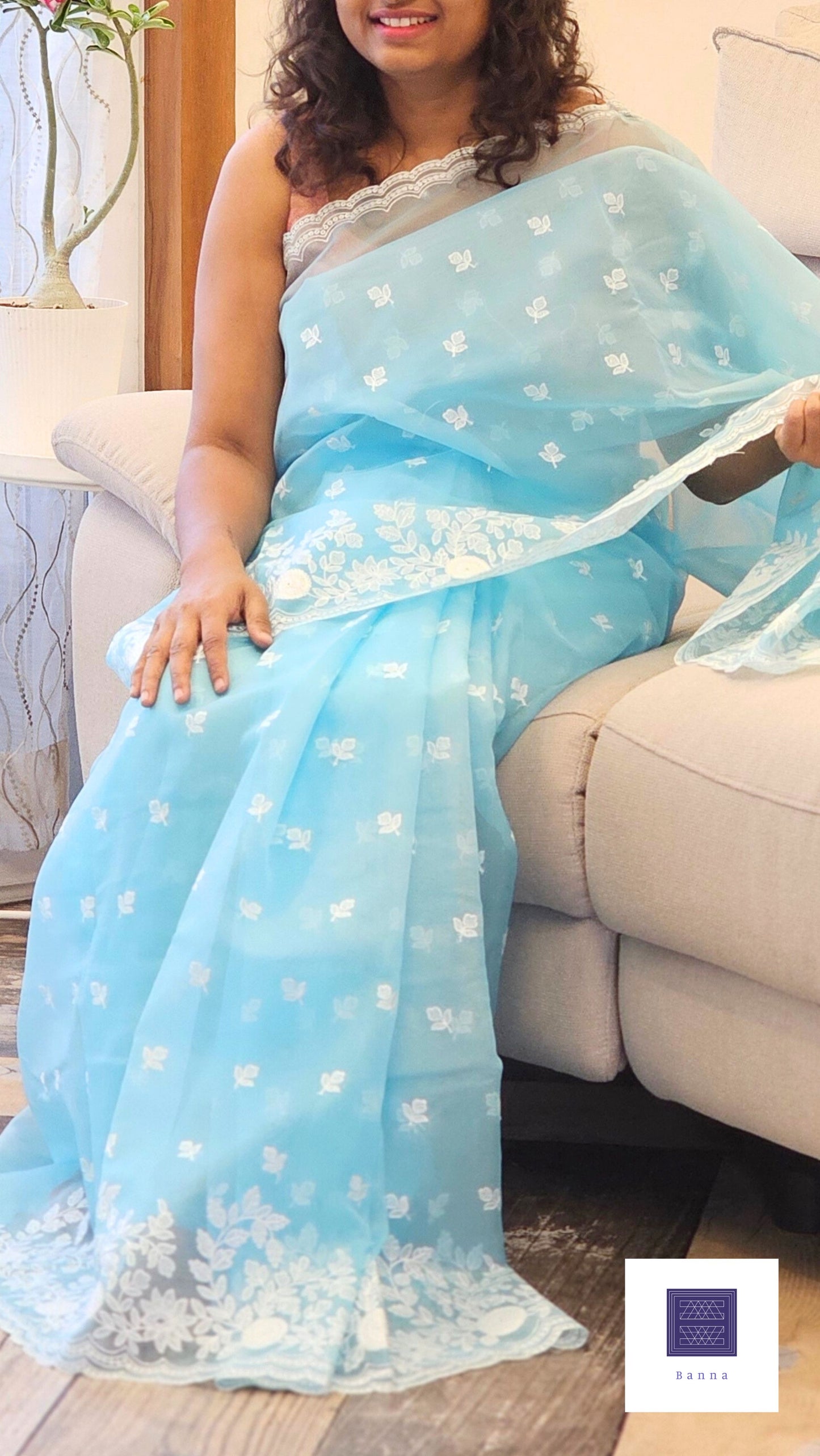 Blue Rose Floral - Organza saree with Floral Embroidery