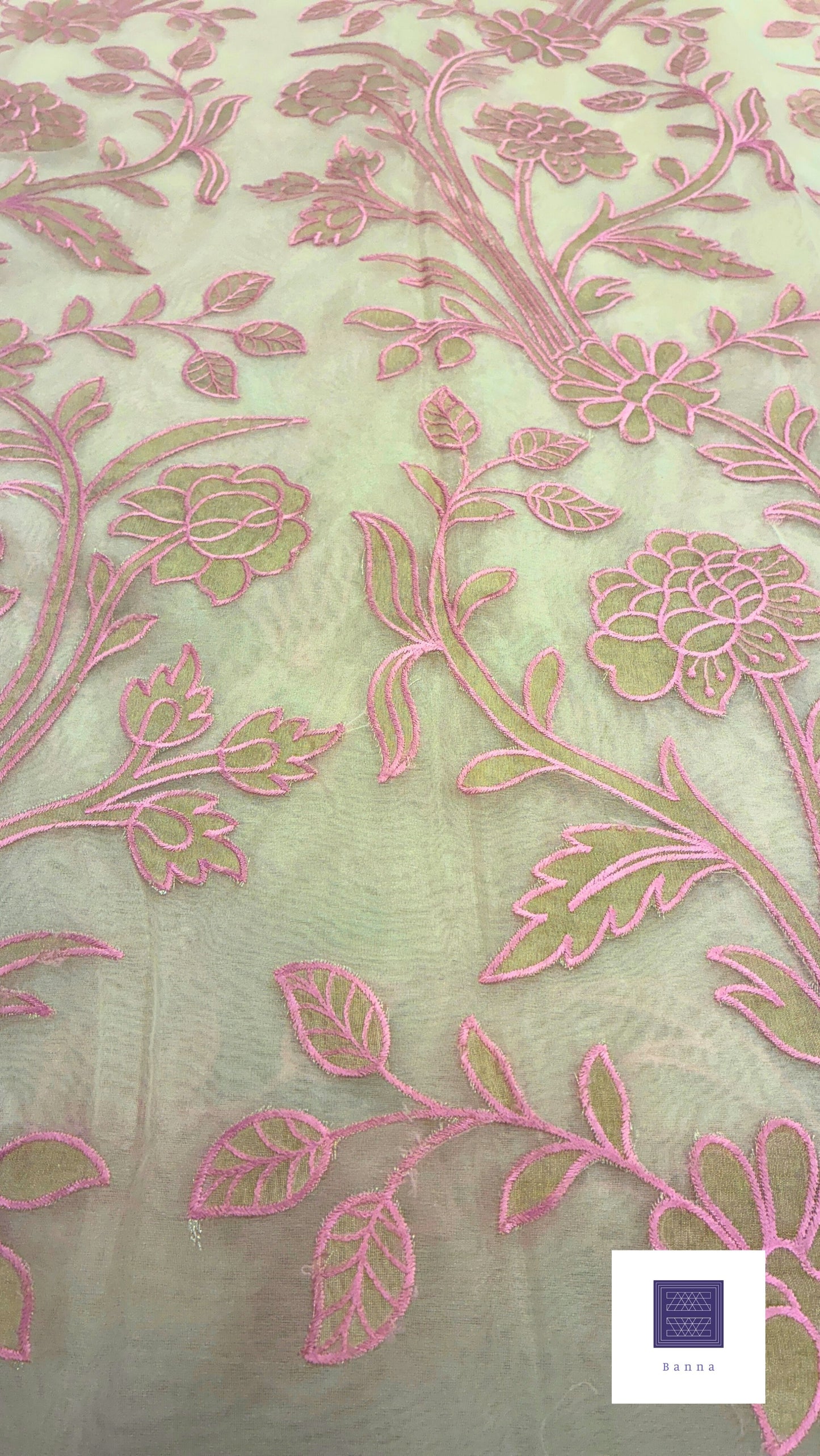 Organza Appliqué Floral Saree - Cream and Pink