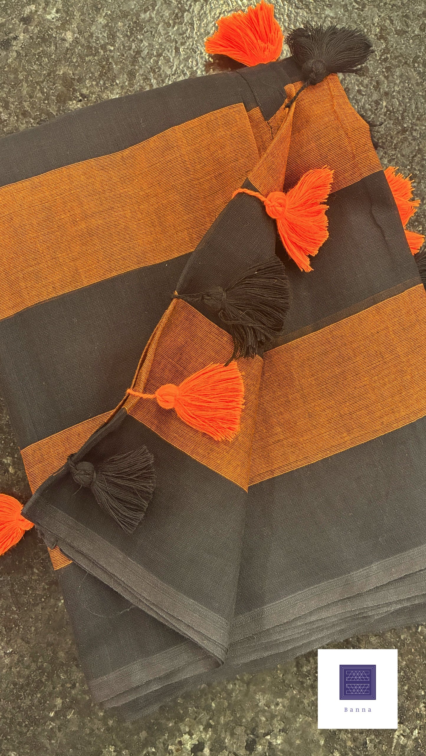 Earthline Mul Cotton Saree - Black and Orange