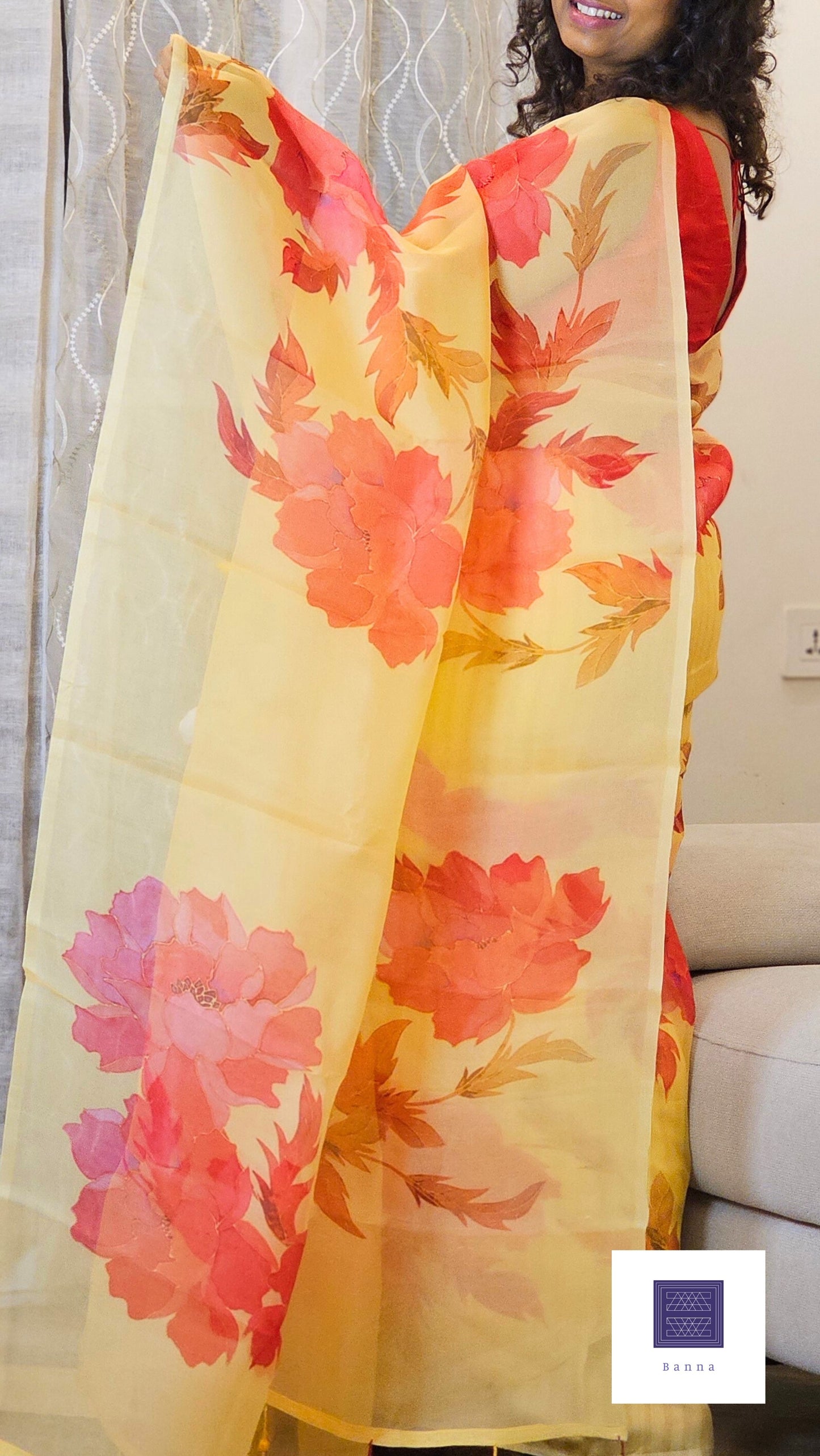 Pure Organza Silk with luxurious floral prints - Red and Yellow