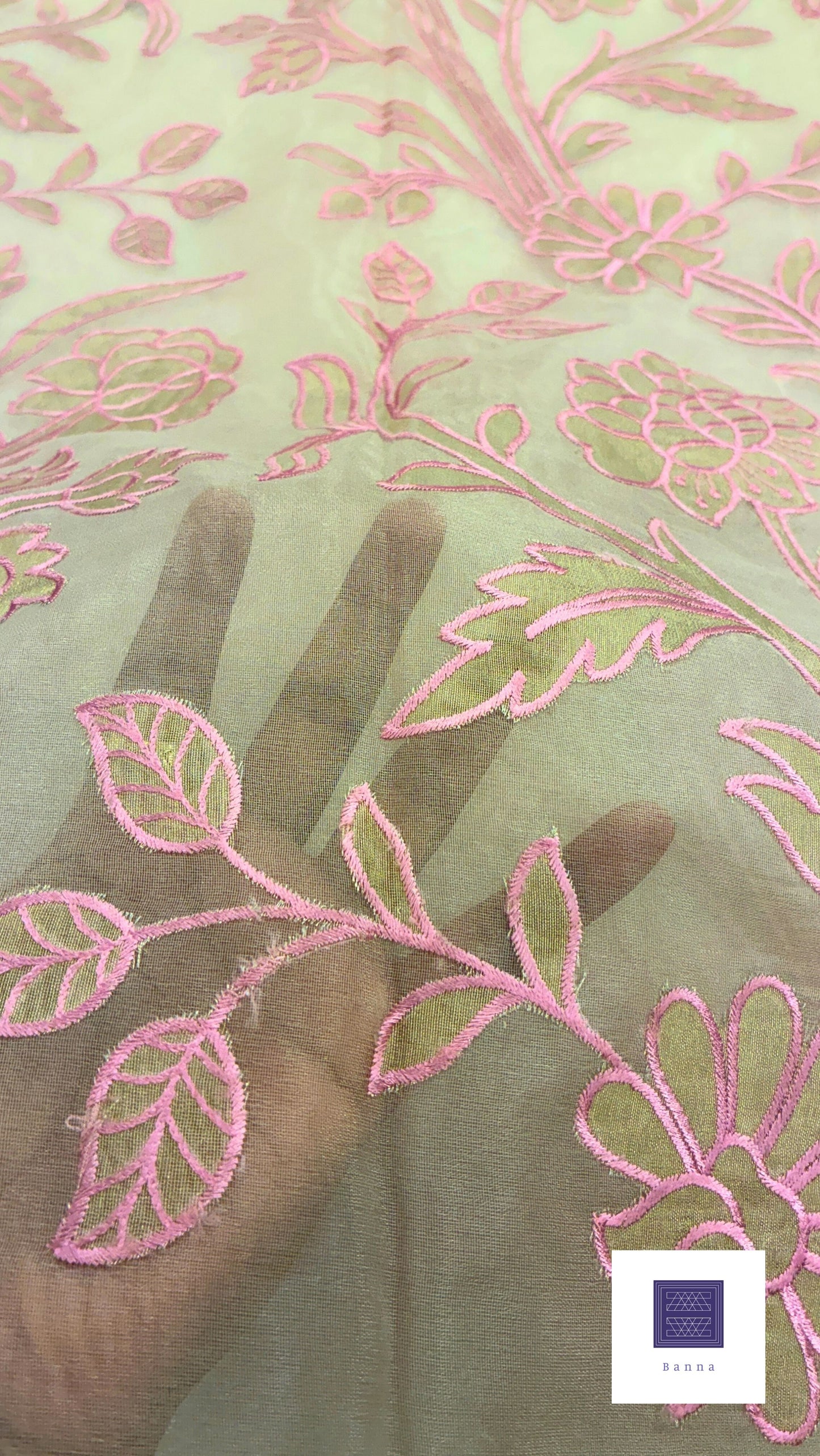 Organza Appliqué Floral Saree - Cream and Pink