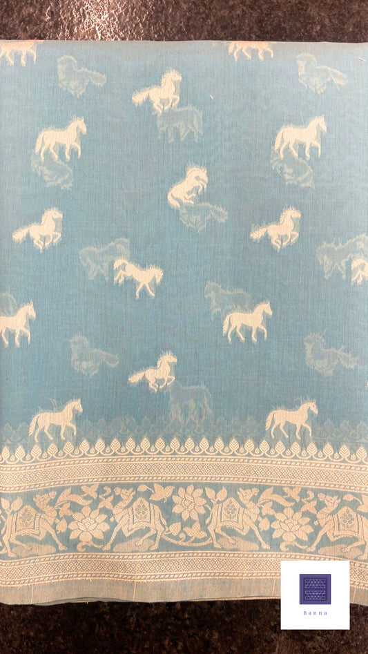 Cotton Saree with thread weaving - Light Blue