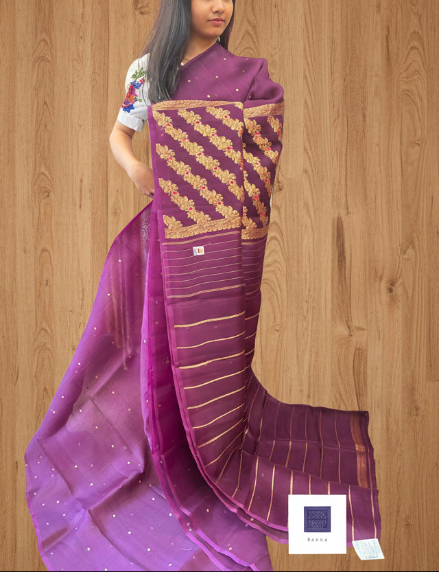 Pure Kora Silk with simple buttas and meenakari pallu - Wine Purple