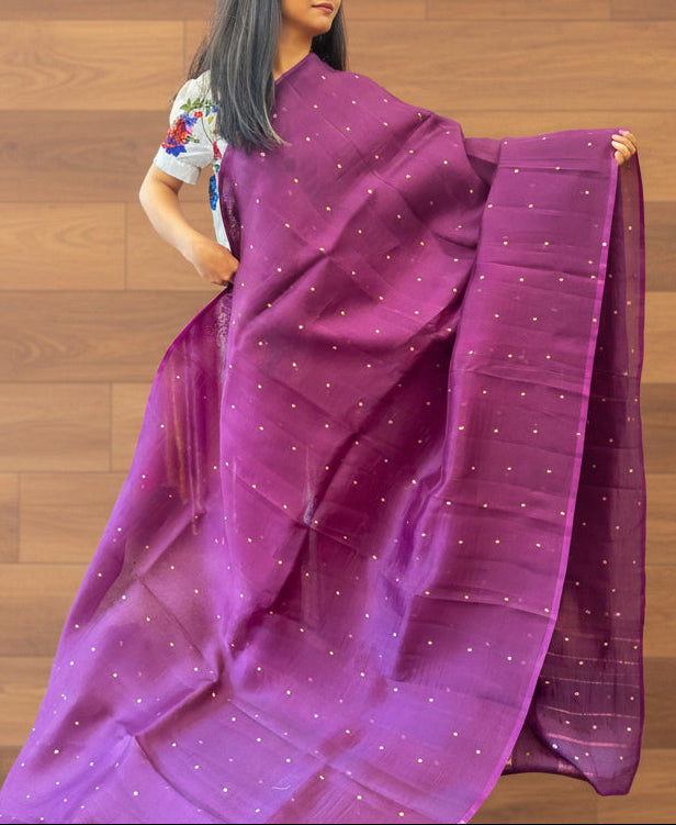 Pure Kora Silk with simple buttas and meenakari pallu - Wine Purple